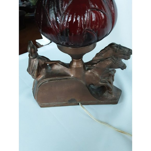 RARE Vtg Roman Gladiator Chariot Lamp Brown Patina Cast Iron Red Shade chip - Picture 5 of 12